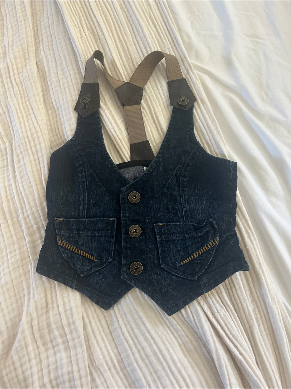 Womens Dark Blue cropped Denim Vest with Brown Suspenders